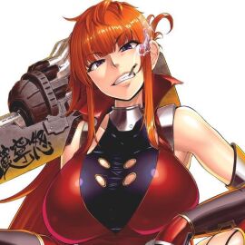 battle_suit battlesuit bazooka blue_eyes bodysuit breasts cigarette cigarette_in_mouth clenched_teeth color eyebrows_visible_through_hair female female_focus fringe fringe_hair game_cg gauntlets head_tilt huge_breasts kamimura_maika long_hair looking_at_viewer red_hair red_suit sian sleeveless sleeveless_bodysuit smoking taimanin_(series) taimanin_asagi_battle_arena teeth teeth_clenched teeth_showing upper_body white_background