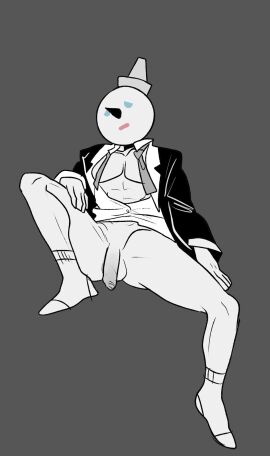 balls bara batterylick bottomless flaccid jack_box jack_in_the_box male male_only mascot monochrome muscles muscular object_head pantsless penis sitting solo solo_male spread_legs yaoi