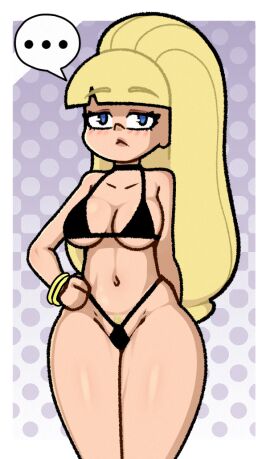 ... aged_up bangle bangs bikini black_bikini black_choker black_swimsuit blonde_hair blue_eyes blunt_bangs blush bracelet breasts choker cleavage clothing disney disney_channel disney_xd female female_only female_pubic_hair gravity_falls halftone hand_on_hip highleg highleg_bikini highleg_swimsuit jewelry large_breasts long_hair looking_at_viewer makeup medium_breasts navel pacifica_northwest polka_dot polka_dot_background ponytail pubic_hair pubic_hair_peek solo speech_bubble spoken_ellipsis steca swimsuit thelazyart thick_thighs thighs tied_hair very_long_hair voluptuous wide_hips