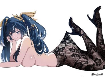 absurdres ahoge black_shoes blue_eyes blue_hair breasts closed_mouth commentary den_kun69 english_commentary female from_side head_rest high-waist_pantyhose high_heels highres hooked_on_heel iuno_(wuthering_waves) lace_pantyhose lace_pantyhose_hooked_on_heel_(meme) large_breasts laurel_crown looking_at_viewer looking_to_the_side lying meme multicolored_hair no_panties on_stomach pantyhose shoes simple_background smile solo streaked_hair the_pose topless_female twintails twitter_username white_background wuthering_waves