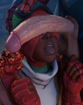 1boy 1girls 3d backwards_baseball_cap backwards_hat balls big_penis cant_see_the_haters dark-skinned_female dark_skin female fingerless_gloves hand_on_head huge_cock interracial jacket light-skinned_male light_skin male marvel marvel_comics marvel_rivals mask masked masked_female open_mouth penis penis_in_front_of_face penis_on_face penis_over_eyes peter_parker rougenine spider-man spider-man_(marvel_rivals) spider-man_(series) spider-zero spider-zero_(marvel_rivals) superhero superhero_costume superheroine tongue tongue_out veiny_penis