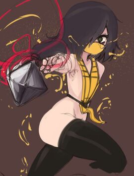 1girls black_hair cosplay curvy female female_focus female_only green_eyes hatsumiilkshake kunai kuroki_tomoko long_hair mask mortal_kombat no_visible_genitalia scorpion_(mortal_kombat)_(cosplay) solo swirly_eyes thighhighs throwing_knife watashi_ga_motenai_no_wa_dou_kangaetemo_omaera_ga_warui!