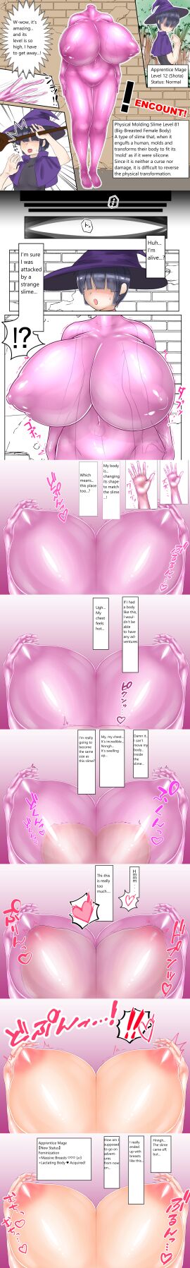 1boy 1girls areolae big_breasts black_hair body_growth body_growth_(enlargement) body_transformation breast_expansion breast_focus breast_growth breast_growth_(enlargement) breasts breasts_bigger_than_head cleavage clothed clothing comic comic_strip covered_eyes english_text enormous_breasts female forced_transformation gender_transformation genderswap_(mtf) gigantic_breasts hair_over_eyes hands_on_breasts hands_on_own_breasts huge_breasts japanese_text large_breasts looking_at_own_breasts massive_breasts nipples nude ohitsuji original original_character pov rule_63 short_hair slime solo solo_female solo_focus text text_box top_heavy top_heavy_breasts transformation translated trapped witch_hat