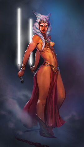 1girls ahsoka_tano belly_dancer belly_dancer_outfit blue_eyes boots breasts chain_leash chained chris_yarbro dual_wielding female fit fit_female harem_girl harem_outfit jedi lightsaber loincloth looking_at_viewer medium_breasts orange_skin slave slave_ahsoka slave_bikini slave_collar slave_girl slave_leia_(cosplay) slave_outfit star_wars star_wars_rebels