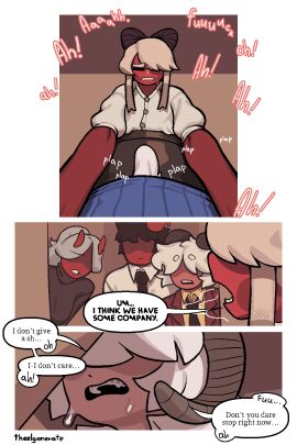 animal_humanoid bodily_fluids bovid bovid_humanoid braces caprine caprine_humanoid closed_eyes clothed clothing comic dialogue eline_(theelgenerate) english_text female femboy femboy_on_female group hair hair_over_eyes hi_res horn horns humanoid hung_femboy hung_trap imp levi_(theelgenerate) male male/female mammal mammal_humanoid necktie nonbinary open_mouth penetration penile penile_penetration penis pleated_skirt sex sheep_humanoid short_tail skirt speech_bubble standing sweat tail teeth text theelgenerate white_hair white_tail