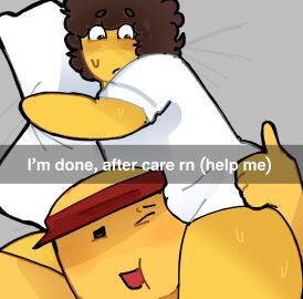 after_sex aftercare between_legs between_thighs elliot_(forsaken) elliot_(work_at_a_pizza_place) forsaken_(roblox) grabbing_pillow male/male shedletsky shedletsky_(forsaken) slut sweat thigh_crushing