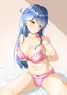 1girls arms_behind_back bed blue_hair blush bow bow_bra bow_panties bra bra_and_panties bra_strap_down bra_strap_slip breasts brown_eyes cleavage closed_mouth female frown head_tilt highres kantai_collection long_hair medium_breasts navel on_bed panties pink_bra pink_panties removing_bra solo strap_slip underwear underwear_only undressing ushio_(kantai_collection) zuki