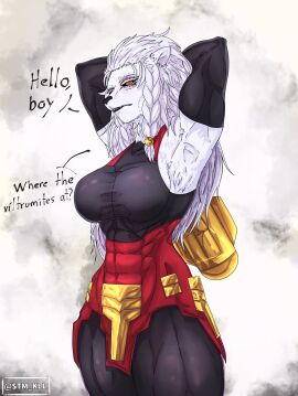 alien battle_beast big_breasts breasts dialogue felid female fur genderswap genderswap_(mtf) hair hi_res image_comics invincible invincible_(comics) invincible_(image_comics) invincible_(tv_series) lion mammal muscular muscular_female open_mouth pantherine rule_63 simple_background stm_kll thick_thighs thokk_(invincible) white_body white_fur white_hair yellow_eyes