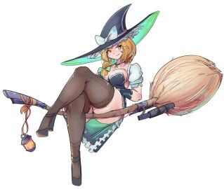 alternate_costume ass black_thighhighs blonde_hair breasts broom crossed_legs detached_sleeves female frills greenm heels kirisame_marisa lantern marisa_kirisame medium_breasts necklace platform_heels side_braid simple_background sitting tagme thick_thighs thighhighs thighs touhou two-tone_clothing white_background witch_hat wrist_cuffs yellow_eyes