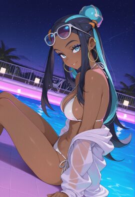 1girl ai_generated beach bikini black_hair blue_eyes blue_hair breasts dark-skinned_female dark_skin earrings eyeliner eyewear_on_head forehead hair_bun hoop_earrings jewelry long_hair looking_at_viewer makeup multicolored_hair navel nessa_(pokemon) night night_sky outdoors owari_wan palm_tree pokemon pokemon_ss pool poolside side-tie_bikini sitting sky smile solo star_(sky) starry_sky swimsuit tree two-tone_hair water white_bikini