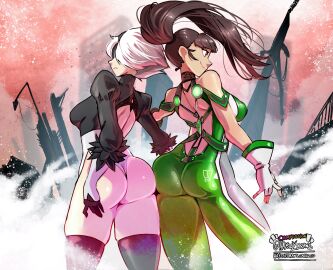 2d 2d_(artwork) 2girls android ass ass_crack ass_focus ass_to_ass big_ass black_hair blindfold breasts brown_eyes butt_crack crossover eve_(stellar_blade) female female_only gloves haysey_draws hi_res highres leotard multiple_females multiple_girls nier nier:_automata nier_(series) ponytail post-apocalyptic short_hair stellar_blade superhuman white_hair yorha_2b