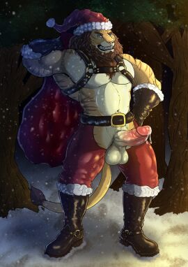 anthro balls bara beard belt big_balls big_penis blue_eyes bodily_fluids boots bottomwear christmas christmas_clothing christmas_headwear clothing crotchless_bottomwear crotchless_clothing crotchless_pants duo erection facial_hair facial_piercing felid footwear forest fur genital_fluids genitals gloves handwear harness hat headgear headwear hi_res holidays humanoid_genitalia humanoid_penis hybrid kirlanlion leaking_precum leather leather_boots leather_clothing leather_footwear leather_gloves leather_handwear leather_harness liger lion looking_at_viewer male mammal mostly_nude mostly_nude_anthro mostly_nude_male multicolored_body multicolored_fur muscular muscular_anthro muscular_male nose_piercing nose_ring outdoor_nudity outside pantherine pants penis piercing pink_nose plant precum ring_piercing sack santa_hat shoes smile smiling_at_viewer smirk smirking_at_viewer snow snowing snowing_outside solo striped_body striped_fur stripes tan_body tan_fur tiger tree two-tone_body two-tone_fur yaoi