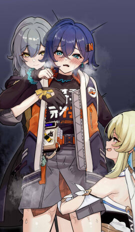 3girls bare_shoulders belle_(zenless_zone_zero) black_background black_gloves black_jacket black_shirt blonde_hair blue_hair blush closed_mouth commentary_request crossover dress earrings female fff_threesome fingering genshin_impact gloves grey_hair grey_skirt group_sex hair_ornament hand_under_clothes hand_under_skirt highres honkai:_star_rail honkai_(series) jacket jewelry long_hair looking_at_another looking_at_viewer lucifina lucifina006 lucifina_006 lumine_(genshin_impact) mihoyo multiple_females multiple_girls no_dialogue oerba_yun_fang open_clothes open_jacket open_mouth pussy pussy_juice shirt short_hair skin_fang skirt stelle_(honkai:_star_rail) sweat threesome trailblazer_(honkai:_star_rail) white_dress yellow_eyes yuri yuri_rape zenless_zone_zero