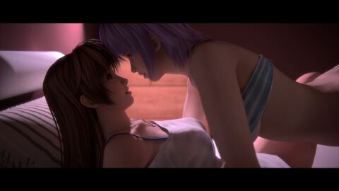 2girls 3d 3d_(artwork) ayane_(doa) chrissy-tee dead_or_alive female female_focus female_only half-sisters kasumi_(doa) multiple_females purple_hair red_hair sisters