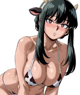 animal_print bikini black_hair breasts cleavage cow_print cow_print_bikini enji_masterpie fake_horns female highres horns looking_at_viewer print_bikini red_eyes solo spy_x_family swimsuit white_background yor_briar