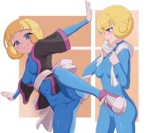 ass_visible_through_thighs blonde_hair blue_bodysuit blue_eyes blush bodysuit breasts cameltoe closed_mouth female frontier_brain game_freak greta_(pokemon) hands_up jacket kai-too leg_up nintendo nipples_visible_through_clothing parted_lips pokemon pokemon_rse pussy short_blonde_hair short_hair small_breasts smile sneakers thighs towel towel_around_neck