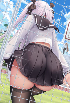 1girls ass breasts female female_only hi_res huge_ass huge_breasts large_breasts light-skinned_female light_skin long_hair niliu_chahui original original_character outdoors school_uniform schoolgirl short_skirt skirt thick_thighs tokisaki_mio twintails white_hair