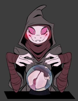 alligator alligatorid anthro anus ass blush bottomless clothed clothing crocodilian crystal_ball cute_fangs female genitals hi_res hood legs_back lenyavok looking_at_viewer lotion_seller_(lenyavok) lying on_back pink_eyes presenting presenting_hindquarters pussy reptile scalie simple_background solo