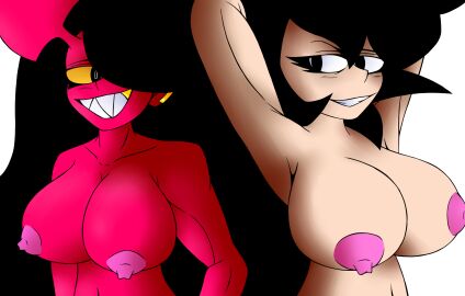 2girls alternative_universe bettysantana big_breasts big_hair black_hair breasts demon demon_girl demon_tail evil_smile female full_nude nipples nude nude_female original pose red_body sharp_teeth smile succubus succubus_horns succubus_tail white_body yellow_eyes