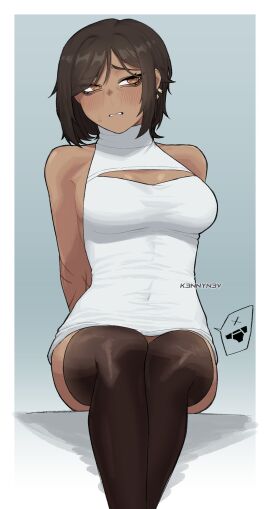 belly_button_visible_through_clothing black_socks blush covering_crotch dark_skin embarrassed k3nnyn3v limbus_company nervous no_bra no_panties outis_(limbus_company) project_moon socks sweat thick_thighs thigh_socks thighhighs thighs tight_clothing wide_hips