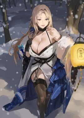 blonde-haired_female blonde_female blonde_hair breasts curvaceous curvy curvy_figure exposed_shoulders female female_focus garter garter_belt garter_straps goddess_of_victory:_nikke hair_ribbon hi_res highres hintobento hips huge_breasts lantern large_breasts light-skinned_female light_skin long_hair ludmilla_(nikke) ludmilla_(winter_owner)_(nikke) no_bra snow snowing solo solo_female solo_focus thick_thighs thighhighs thighs trees voluptuous wide_hips winter