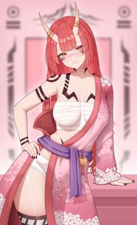 1girls ass bandaged_arm bandages bangs bare_shoulders black_nails blurry blurry_background blurry_foreground blush breasts budget_sarashi cleavage closed_mouth collarbone cowboy_shot depth_of_field female hand_on_hip horns japanese_clothes kimono long_hair looking_at_viewer medium_breasts nail_polish oni oni_horns pink_hair red_eyes red_hair sarashi sash secon sharp_fingernails small_breasts smile solo standing tattoo thighhighs thighs