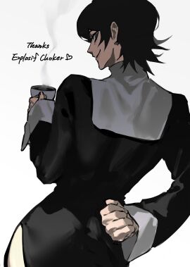 ass ass_focus back_view butt_focus coffee coffee_cup explosifchoker female high_slit_dress ma0ma0_0 muscular muscular_female nerine_(explosifchoker) oc original original_character