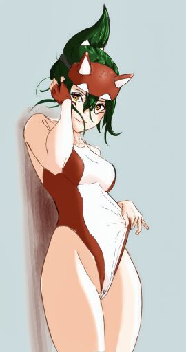 1girls 2024 2d 2d_(artwork) amber_eyes blizzard_entertainment breasts bumaden facial_markings female female_only green_hair hand_on_head heroine highres human kiriko_(overwatch) light-skinned_female light_skin overwatch overwatch_2 pulling_clothing questionable simple_background solo solo_female solo_focus standing swimsuit yellow_eyes