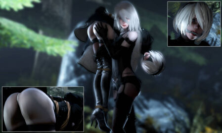 2girls 3d bondage female hand_on_another's_ass nier:_automata shoulder_carry skyripe white_hair yorha_2b yorha_a2