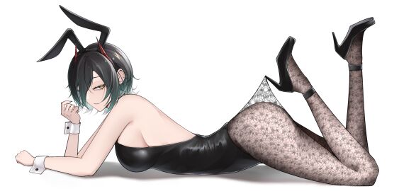alternate_costume animal_ears azur_lane bare_shoulders black_footwear black_hair black_leotard breasts cg fake_animal_ears female fishnet_pantyhose fishnets from_side full_body hair_over_one_eye high_heels horns large_breasts legs legs_up leotard looking_at_viewer lying multicolored_hair on_stomach pantyhose piercing playboy_bunny rabbit_ears red_horns short_hair sideboob simple_background smile solo strapless strapless_leotard ulrich_von_hutten_(azur_lane) white_background wrist_cuffs yellow_eyes