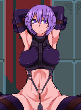 arm_pouch arm_strap armpits arms_up bellybutton black_bow blue_background cameltoe closed_mouth crotch_strap elbow_gloves eyebrows female female_focus hair_between_eyes looking_at_viewer martyr_(the_citadel) matching_hair/eyes navel nipples_visible_through_shirt purple_eyes purple_hair purple_shirt purple_thighhighs pussy red_bow simple_background solo solo_focus the_citadel the_martyr thigh_strap thighhighs tomboy tube_top