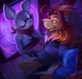 anthro bottomwear bow_tie bulge clothed clothing detailed_bulge duo erection fangs felid fully_clothed fur genital_outline glowing glowing_eyes hair hi_res indigo_park lion lloyd_(indigo_park) lloydford_l._lion male mammal mane nurinaki pantherine penis penis_outline procyonid purple_eyes raccoon rambley_raccoon red_hair suit tan_body tan_fur teeth tenting through_screen underwear