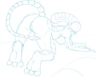 3_toes alien alien_(franchise) alien_girl all_fours anus ass ass_up ben300 bent_over better_version_at_source breasts feet female female_xenomorph genitals line_art looking_at_viewer looking_back looking_back_at_viewer monochrome nipples nude presenting presenting_hindquarters pussy rear_view side_boob solo toes xenomorph