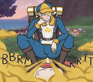 1boy 1girls akari_(pokemon) blush breasts bulge bulge_through_clothing facefart facesitting fart fart_cloud fart_fetish farting_on_face female game_freak male male_fart male_on_female maledom nintendo outdoors pokemon pokemon_legends:_arceus smug smug_face sooshinoko squatting turned_on volo_(pokemon) yellow_hair
