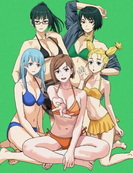 5girls bikini blonde-haired_female blonde_hair blue-haired_female blue_hair breasts brown-haired_female brown_hair cleavage female female_focus female_only glasses green-haired_female green_background green_hair jacket jujutsu_kaisen kasumi_miwa kugisaki_nobara light-skinned_female light_skin long_hair looking_at_viewer multiple_females multiple_girls nishimiya_momo open_mouth pose posing shiren short_hair smile smiling smiling_at_viewer swimsuit zenin_mai zenin_maki