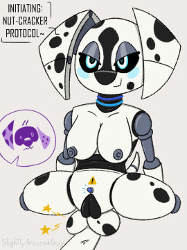 101_dalmatian_street 101_dalmatians anthro balls balls_crush bedroom_eyes blue_eyes blush breasts canid canine canis d-pad_(whitewolf20xx) dalmatian dee_dee_(101_dalmatians) disney domestic_dog duo fan_character female genitals heart_eyes heart_symbol hi_res lewdmas machine male male/female mammal metallic_body narrowed_eyes penis pussy robot seductive slightlyarousedguy stickers_on_body text thick_thighs white_eyes