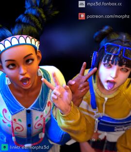 2girls 3d ahe_gao asian black_hair brown_eyes capcom cute dark-skinned_female dark_skin double_bun female kneeling latina li-fen light-skinned_female light_skin lily_hawk mexican morphz open_mouth oral oral_invitation petite rolling_eyes seductive_eyes seductive_mouth skinny slim street_fighter street_fighter_6 tongue tongue_out twintails v young