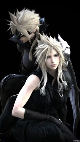 1boy 1girls 3d blonde_hair blue_eyes breasts clothed cloud_strife cloud_strife_(bahamut_garb) cloudette_strife earrings female final_fantasy final_fantasy_vii final_fantasy_vii_advent_children final_fantasy_vii_ever_crisis genderswap genderswap_(mtf) gloves male mask rule_63 spiky_hair twin_braids white_skin