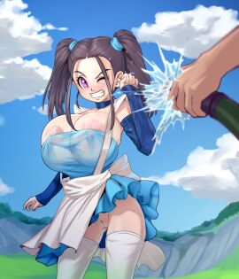 1girls areola_slip blue_dragon blue_dragon_(series) bouquet_(blue_dragon) breasts busty cleavage dress female highres huge_breasts nipples no_bra no_panties plantpenetrator pussy tied_hair twintails voluptuous wet wet_body