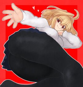 ahoge antenna_hair arcueid_brunestud ass ass_focus big_ass blonde_hair blush breasts butt_focus champchidi female hair_intakes highres huge_ass inviting large_ass long_sleeves looking_at_viewer pantyhose red_eyes seducing short_hair skirt smile solo sweater tsukihime tsukihime_(remake) turtleneck white_sweater