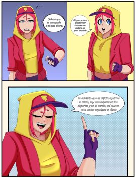 1girls blue_eyes brawl_stars ceo_of_lizards comic female light-skinned_female light_skin max_(brawl_stars) red_hair spanish_text streetwear_max tagme text
