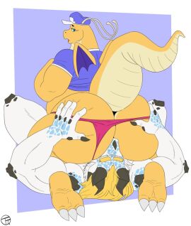anal anthro ass big_butt blonde_hair blue_clothing blue_eyes blue_hat blue_headwear blue_shirt blue_topwear clothed clothing clothing_aside dragon dragonite duo facesitting feet generation_1_pokemon hair hand_on_butt hat headgear headwear hi_res horn male male/male mythological_creature mythological_scalie mythology nintendo nogard_krad_nox oral pokemon pokemon_(species) raised_tail scalie shirt simple_background sitting_on_another slightly_chubby tail thong thong_aside topwear trashtoonz underwear underwear_aside white_body wings yellow_body