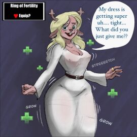 ass_expansion ass_growth big_ass big_breasts big_thighs blonde_female blonde_hair blue-eyed_female blue_eyes breast_expansion breast_growth breast_growth_(enlargement) breasts chat_bubble concerned confused curvy curvy_figure deer deer_ears deer_girl deltarune deltarune_chapter_2 expansion female gold_jewelry growth horns hourglass_figure hourglass_figured_female huge_boobs huge_breasts looking_at_viewer nipple_bulge nipples_visible_through_clothing noelle_holiday noelle_holiday_(dark_world_form) ring skin_tight skin_tight_dress skin_tight_outfit thick_thighs wardrobe_malfunction whatthedude wide_hips