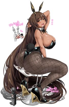 2girls :d absurdres animal_ears arm_up bare_shoulders black_bow black_bowtie blanc_(nikke) blush bow bowtie breasts brown_hair camera cleavage closed_eyes clothed dark-skinned_female dark_skin detached_collar embarrassed fake_animal_ears fake_tail female fishnet_pantyhose fishnets goddess_of_victory:_nikke high_heels highres holding holding_camera huge_breasts leotard long_hair multiple_females multiple_girls nekoguchi noir_(nikke) open_mouth pantyhose playboy_bunny rabbit_ears rabbit_tail recording sideboob simple_background sitting smile solo tail teeth thighs very_long_hair white_background white_hair