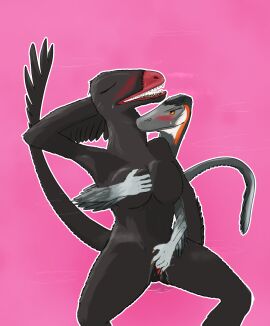 absurd_res anthro austroraptor bedroom_eyes blush blush_lines bodily_fluids breasts claws closed_eyes dinosaur dromaeosaurid ejaculation feathered_dinosaur feathered_scalie feathers female female/female finger_fuck fingering genital_fluids genitals hand_behind_head hi_res holding_breast looking_at_another looking_pleasured luanchuanraptor narrowed_eyes penetration prehistoric_species reptile scalie seductive sex simple_background smile sweat sweatdrop tail tail_feathers teeth temnelc theropod vaginal_fluids vaginal_penetration vaginal_squirting vulva wet