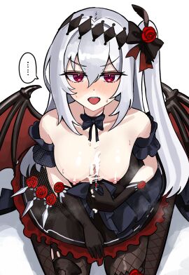 ... absurdres bare_shoulders bat_wings black_bow black_dress black_gloves black_ribbon blush bow breasts clothes_pull collarbone commission cum cum_on_body cum_on_breasts demon demon_girl detached_collar dress dress_pull feather_hair_ornament feathers female fishnet_pantyhose fishnets flower frilled_dress frills gloves hair_between_eyes hair_flower hair_ornament highres long_hair looking_at_viewer mare_(ac8231) nipples oerba_yun_fang open_mouth original pantyhose red_eyes red_flower red_rose ribbon rose sidelocks skeb_commission small_breasts solo spoken_ellipsis suzume_b vampire wings