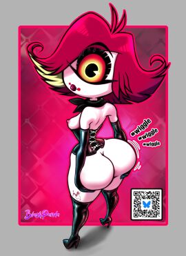 1_eye 1girls alternate_version_available areolae armwear ass ass_shake backboob big_ass black_corset black_eyes black_gloves black_thighhighs blushpanda bottomless breasts breasts_out corset dat_ass elbow_gloves female female_only footwear full_body gloves hair hands_on_ass hazbin_hotel heels high_heels hips huge_ass latex latex_clothing latex_gloves latex_thighhighs looking_back motion_lines niffty nipples onomatopoeia orange_sclera parted_lips red_hair short_hair shortstack small_breasts smile solo solo_female tattoo tattoo_on_thigh thick_thighs thighhighs thighs topless white_body white_skin wide_hips