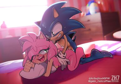 1boy 1girls ambiguous_penetration amy_rose anthro anthro_penetrated aribujitosnsfw bed completely_nude_female female from_behind green_eyes happy_sex hugging_pillow looking_at_partner male one_eye_closed penis pillow pleasured_female pussy sex sonic_(series) sonic_the_hedgehog sonic_the_hedgehog_(series) vaginal_penetration vaginal_sex