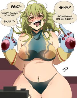 breasts camera chubby chubby_female deku dialogue english_text eye_color_change femsub green_hair hagakure_tooru hagakure_tooru_(visible) izuku_midoriya large_breasts long_hair middle_finger midriff my_hero_academia navel nipples overweight overweight_female possession see-through_clothing short_hair sludge_villain speech_bubble text thick_thighs toru_hagakure traner9 white_background yellow_sclera