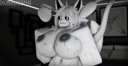 3d :3 abdomen anthro areolae bedroom big_breasts big_ears black_eyes breasts changed_(video_game) detailed_background female furry genderswap genderswap_(mtf) hands_on_breasts head_tilt large_breasts large_ears large_nipples latex_creature long_hair looking_at_viewer nipples nonalterna roblox robloxian rule_63 self_upload smug smug_face solo_female squid_dog_(changed) tilted_head wagging_tail white_fur